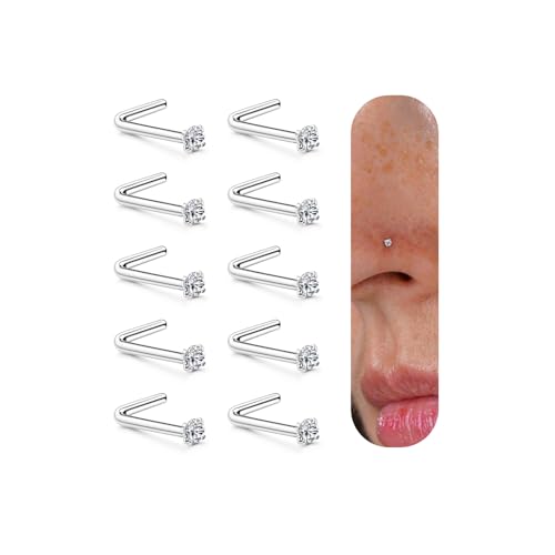 316 Stainless Steel 20G Nose Rings for Women L Shaped Nose Studs Cork Screw | 6/9/10Pcs Nostril Piercing Jewelry, 1.5/2/3mm, 5A CZ Stones , 14K Gold Plated/Silver/Black/Rose Gold Plated