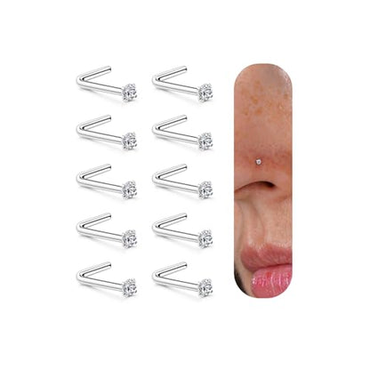 316 Stainless Steel 20G Nose Rings for Women L Shaped Nose Studs Cork Screw | 6/9/10Pcs Nostril Piercing Jewelry, 1.5/2/3mm, 5A CZ Stones , 14K Gold Plated/Silver/Black/Rose Gold Plated