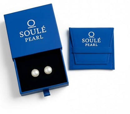 AAA+ Real Freshwater Pearl Stud Earrings, Sterling Silver Hypoallergenic | Hand-Matched White Round Pearls, 925 Silver Posts & Backs, Smooth High-Luster Surface, Soule Pearl Gift Box - color: Rhodium Plated, size: 8.0-8.5mm