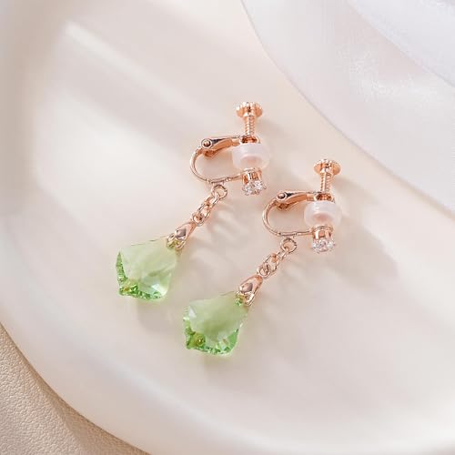 Austrian Crystal Baroque Drop Clip On Dangle Earrings for Women Non Pierced 14K Rose Gold Plated Hypoallergenic Jewelry - color: Fern Green