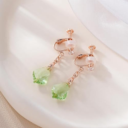 Austrian Crystal Baroque Drop Clip On Dangle Earrings for Women Non Pierced 14K Rose Gold Plated Hypoallergenic Jewelry - color: Fern Green