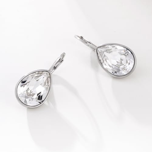 Xuping Jewelry Huggies Crystal Teardrop Earrings for Women Clear Crystals Leverback Silver Earring Fashion Party Jewelry Gifts - color: White