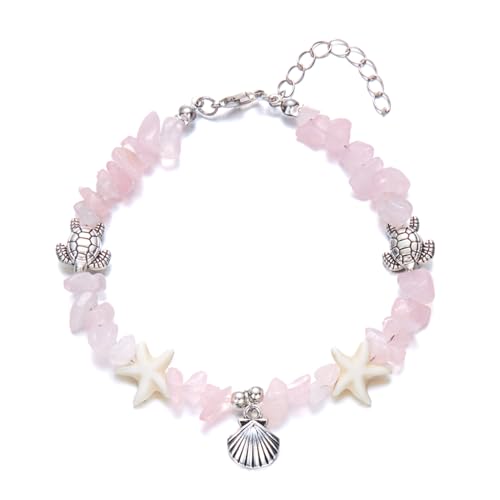 Boho Silver Shell Turtle Star Anklet for Women Adjustable Pink irregular Stone Foot Chain Daily Wear Coastal Summer Vacation Beachy Surfer Hawaiian Neck Jewelry