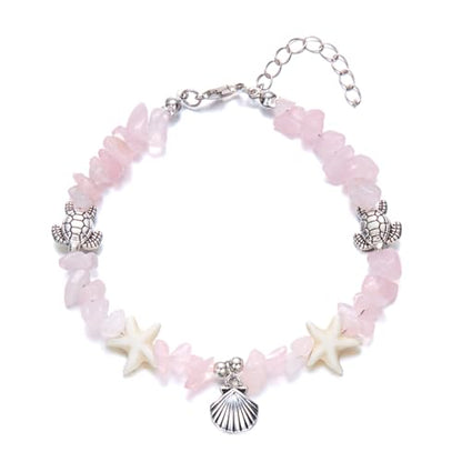 Boho Silver Shell Turtle Star Anklet for Women Adjustable Pink irregular Stone Foot Chain Daily Wear Coastal Summer Vacation Beachy Surfer Hawaiian Neck Jewelry