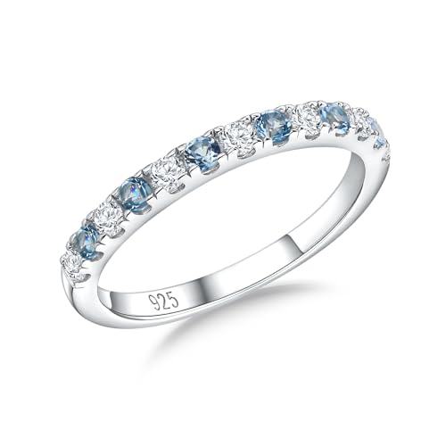 Birthstone Rings Eternity Band 925 Sterling Silver/Yellow Gold-Plated Created Gemstone Stackable Wedding Band 2.7mm Thin Half Eternity Rings for Women Size 6 to 10 - color: 12-Blue Topaz-Dec.