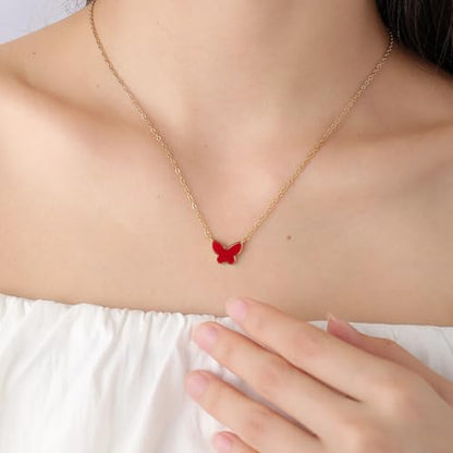 18K Gold Plated, Pt Plated Chain Necklace with Knot, Butterfly, Heart Pendant for Women, Delicate Minimalist Jewelry, 18-20 Inches - color: Red Butterfly