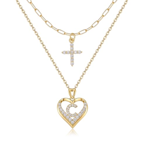 14K Gold Plated Layering Necklaces,Heart Initial Layered Necklace Cross Pendant Necklace Charm Personalized Stackable Jewelry Gift for Her - style: C