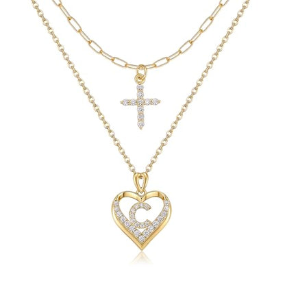 14K Gold Plated Layering Necklaces,Heart Initial Layered Necklace Cross Pendant Necklace Charm Personalized Stackable Jewelry Gift for Her - style: C
