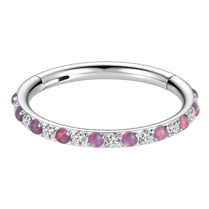 GAGABODY Surgical Steel Hypoallergenic Nose Ring Earring CZ Hoop for Unisex | Hinged Seamless Clasp,Used in Nostril,Septum,Lip,Eyebrow,Nipple and All Ear Piercings.22G to 12G,Inner Diameter 5mm to 14mm - color: Silver+Clear CZ & Purple Opal, size: 16G-8mm