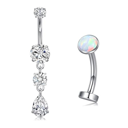 VCMART Belly Button Ring Belly Button Piercing Belly Rings Dangle Belly Button Rings Surgical Steel Clicker Floating Belly Button Rings for Women 14G Silver Gold Belly Navel Piercings Jewelry - color: C2 -2pcs, silver