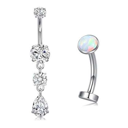 VCMART Belly Button Ring Belly Button Piercing Belly Rings Dangle Belly Button Rings Surgical Steel Clicker Floating Belly Button Rings for Women 14G Silver Gold Belly Navel Piercings Jewelry - color: C2 -2pcs, silver