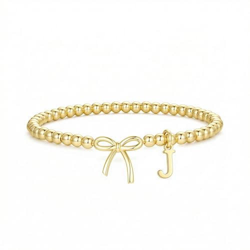 Letter A-Z Bracelets for Women Teen - Inital Beaded Bracelet with Bowknot Charm, Dainty Stretch Stackable Bracelet, Trendy Jewelry Gifts for Birthday Easter Basket Stuffers - style: Gold: J
