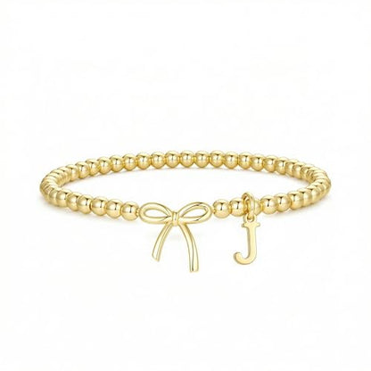 Letter A-Z Bracelets for Women Teen - Inital Beaded Bracelet with Bowknot Charm, Dainty Stretch Stackable Bracelet, Trendy Jewelry Gifts for Birthday Easter Basket Stuffers - style: Gold: J