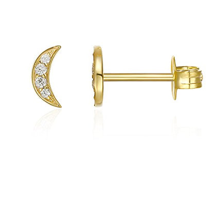 PAVOI 14K Gold Plated Dainty Stud Earrings for Women, CZ Earring Piercing | Hypoallergenic Earrings with 925 Sterling Silver Posts, Bolt, Moon, Star & Flower Celestial Studs with Cubic Zirconia - style: Moon