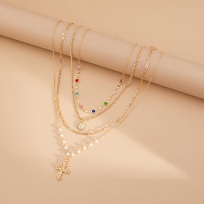 MODRSA Gold Stacked Layered Necklaces for Women Pearl Pendant Charm Cross Lariat Slip Shell Starfish Y Chain Necklace Adjustable Silver Boho Jewelry Gifts for Women Summer Vacation Beach Accessories - color: A1- Layered cross pearl - Gold