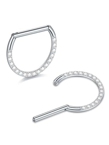 Oveta Titanium D Shaped Nipple Rings 14G for Nipple Piercing Jewelry Higned Segment Clicker Cartilage Hoop Earring 12mm 14mm 16mm for Women Men, Silver/Gold/Black, 2PCS - color: Silver CZ, size: 14mm Bar