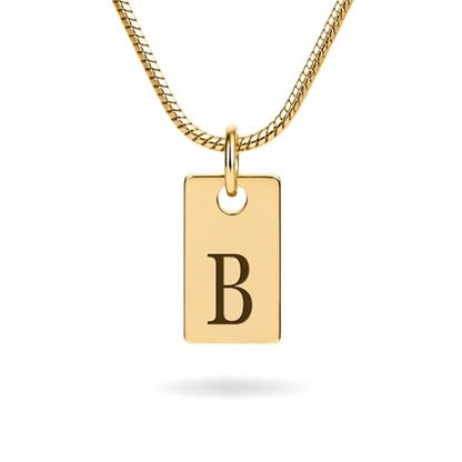 Initial Necklace in 18K Gold Plated, Personalized Engraved Letter Pendant, Gold Snake Chain, 6×10 mm Rectangle Charm for Women - color: B