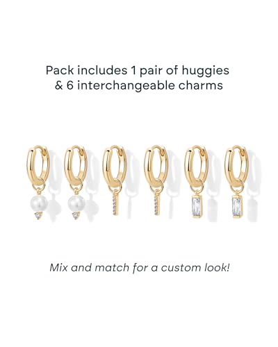 PAVOI 14K Gold Plated Huggie Earring Charms for Women - Mix and Match Huggie Hoop Earrings with Charms Pack - Dangle Dainty Motif Set with Cubic Zirconia, Heart, Cross, Pearl & Evil Eye Jewelry - Valentines Day Trendy Jewelry - style: Pearl
