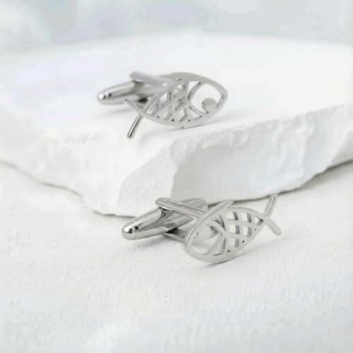 Men’s Abstract Fish Cufflinks – Stainless Steel Nautical-Themed Cuff Links with Gift Box & Polishing Cloth – Available in Silver & Gold - color: steel