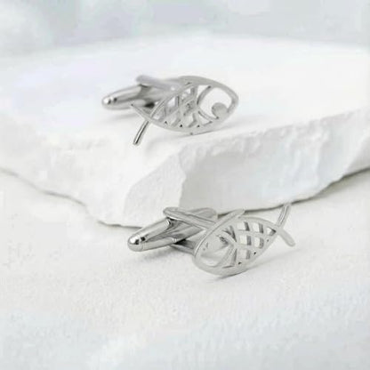 Men’s Abstract Fish Cufflinks – Stainless Steel Nautical-Themed Cuff Links with Gift Box & Polishing Cloth – Available in Silver & Gold - color: steel