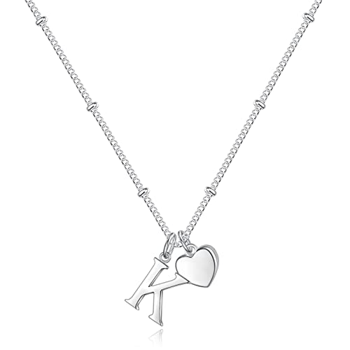 Heart Initial Necklaces for Girls, Letter A-Z Silver Necklace | Silver Plated, Heart Initial Necklaces for Girls, Necklace for Women, Teen Girl Gifts, Dainty Heart Necklaces, Birthday Gifts - color: K