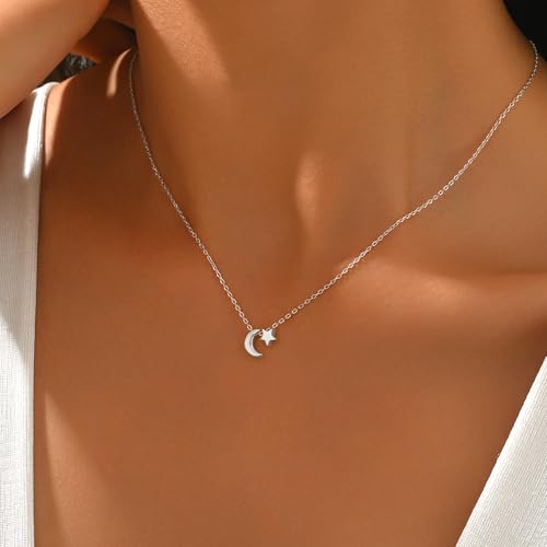 925 Sterling Silver Dainty Moon Star Necklace For Womem | 14k Gold Plated Charm Crescent Moon and Star Pendant Choker Necklaces to Daughter Mother Jewelry Gift for Birthday Wedding - color: Silver