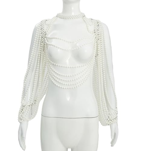Multi-Layered Pearl Shoulder Body Chain for Women,White Pearl Fringe Shawl Necklace,Summer Beach Beaded Tassel Shoulder Jewelry for Wedding Prom Party Dresses
