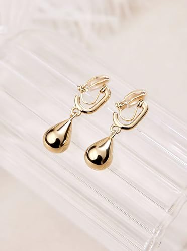 FAN&LOUIS Gold Sliver Teardrop Clip On Earrings for Women，Non-Pierced Trendy Statement Dangle Water Drop Women's Hypoallergenic Clip-On Earrings - style: Gold