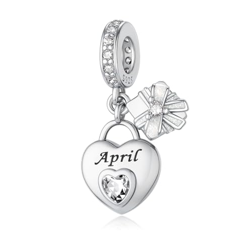 925 Sterling Silver Birthstone Bracelet Charm - Unique Heart Shaped Design, Fits most Europe Pandora Bracelets and Necklaces, women's DIY holiday Gifts - style: D-April