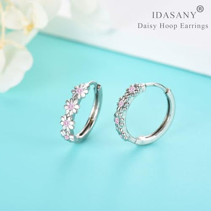Sterling Silver Hoop Earrings for Women, Dainty Small Huggie Hoop Earrings | Hypoallergenic Daisy Color Cubic Zirconia Flower Hoops Earring Jewellery Gifts for Ladies Birthday Wedding, 12mm Hoop - color: Pink