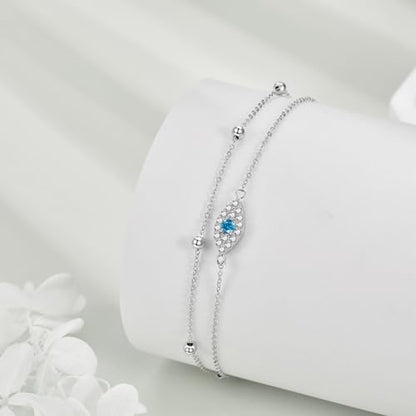 925 Sterling Silver Cat Butterfly Anklets Double Layered Chain for Birthday Women Ankle Bracelet Summer Beach Dainty Jewelry - style: E-Evil Eye Anklet A