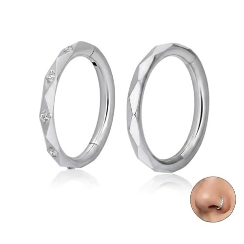 2PCS 16G Titanium Nose Rings for Women, Nostril and Septum | F136 Implant Grade Titanium, Hypoallergenic, 1.2 mm ×8 mm, Faceted and CZ Hinged Clicker Hoops for Nostril or Septum - color: Style B Silver-8mm