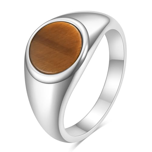 MYNENEY Stainless Steel Round Shape Classical Simple Plain Wedding Engagement Statement Pinky Band Signet Rings for Men Women Size 4-15 - color: Cat's eye-Silver