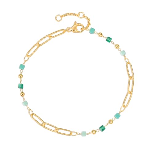 Gold Chain Bracelet for Women, 14K Gold Plated | Dainty Bracelets with Adjustable Chain, Trendy Jewelry Gift for Women - style: beads paper clip
