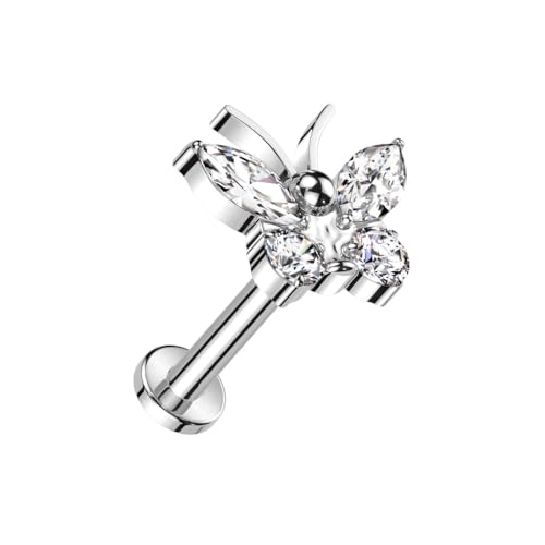 Pierced Owl 16GA ASTM F-136 Implant Grade Titanium Internally Threaded CZ Crystal Butterfly Flat Back Stud - style: Silver Tone/Clear