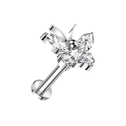 Pierced Owl 16GA ASTM F-136 Implant Grade Titanium Internally Threaded CZ Crystal Butterfly Flat Back Stud - style: Silver Tone/Clear