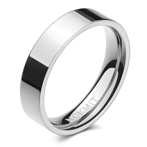 NOKMIT 5mm 14K Gold Filled Rings for Women Girls Dainty Thick Wedding Band Couple Anniversary Engagement Thumb Ring Gifts High Polished Plain Flat Cigar Band Tarnish Resistant Comfort Fit Size 4 to 11 - color: Silver