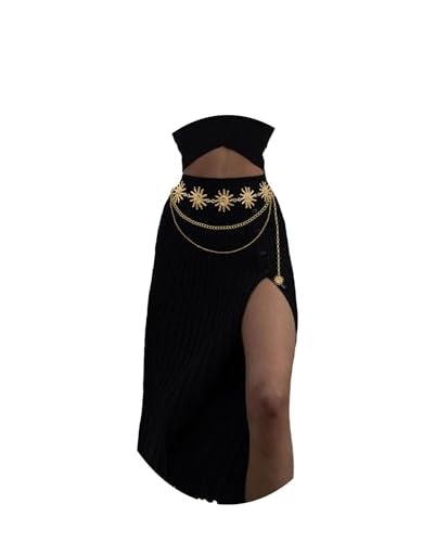 Waist Chain Belt Multilayer Gold Silver Sun Moon Chain Belt for Women Dress Body Belly Chain Metal Waist Chain - color: Gold-53inch