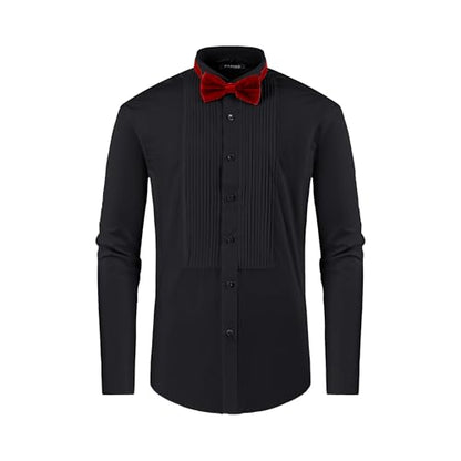 FAHIZO Men's White Tuxedo Shirt with Wing Collar, French Cuffs & Accessories - color: Bow Tie/Black, size: Small