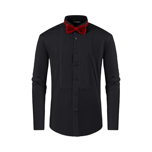 FAHIZO Men's White Tuxedo Shirt with Wing Collar, French Cuffs & Accessories - color: Bow Tie/Black, size: Medium