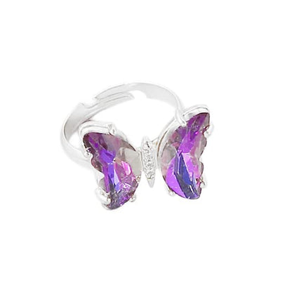 8 Pcs Gold Plated 3D Butterfly Rings Acrylic Adjustable Open Colorful Crystal Bowknot Shaped Band Rings for Women Girls Finger Jewelry - color: mix silver