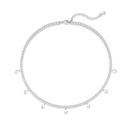 Luxval Tennis Necklace 14K Gold Plated Rhinestone Butterfly Choker Necklaces for women Dainty Zirconia Cut Faux Diamond chain 3mm - color: Silver-Pearl dangle tennis
