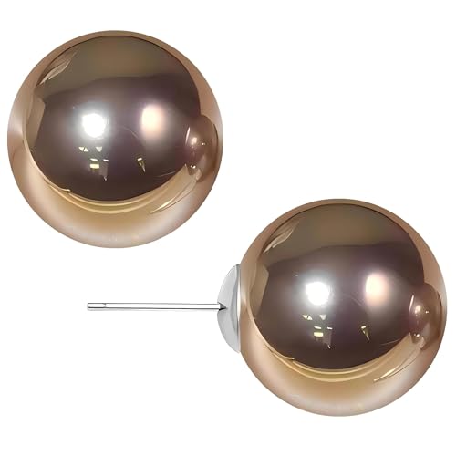 Gold & Brown Faux Pearl Stud Earrings, S925 Silver Posts Hypoallergenic for Women - color: Brown, size: 12mm
