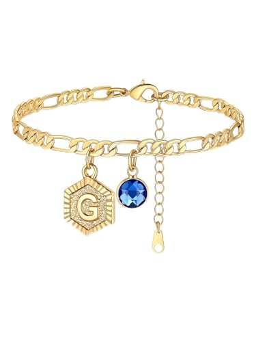 Custom4U Personalized Initial Ankle Bracelets for Women 14K Gold Plated Dainty CZ Birthstone Hexagon Letter Initial Anklets for Women Adjustable Silver/Gold Foot Chain Summer Beach Jewelry Gifts - color: Gold Hexagon-G