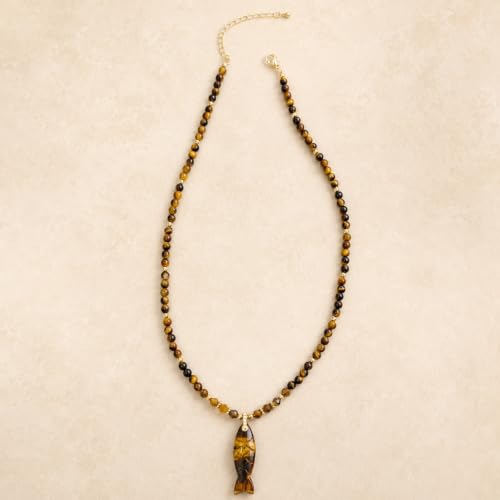 Natural Tiger Eye Fish Pendant Beaded Necklace for Women & Men | 16"+2" Adjustable | Handmade Dainty Protection Stone | Unisex Boho Beach Jewelry | Earthy Vintage Gift