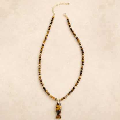 Natural Tiger Eye Fish Pendant Beaded Necklace for Women & Men | 16"+2" Adjustable | Handmade Dainty Protection Stone | Unisex Boho Beach Jewelry | Earthy Vintage Gift