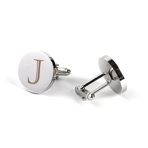 Mens Initial Silver Cufflinks A-Z Alphabet Letter Steel Cuff Links with Engraved Walnut Wood Box Groom Groomsman Wedding Set… - style: J