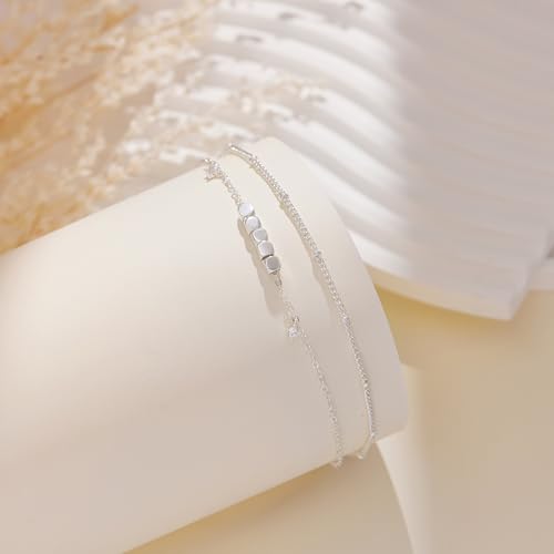 Gold/Sterling Silver Anklet Bracelets for Women Waterproof, Non Tarnish 925 Sterling Sliver Plated Heart Evileye Butterfly Charm, Dainty Summer Beach Anklets for Women, Beach Vacation Bikini Outfits for Her Mom - style: Beaded-Silver