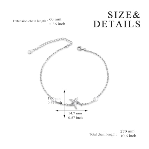 POPLYKE Frog/Pearl/Dragonfly/Ladybug/Highland Cow/Pearl/Moonstone Anklets Sterling Silver Double Layered Chain Beach Anklets for Women Foot Jewelry - style: pearl starfish