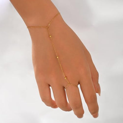 Dainty 18K Gold Plated Tiny Bracelets with Finger Ring for Women | Waterproof Hypoallergenic Adjustable Hand Harness Chain Jewelry - color: Three Bead-GD